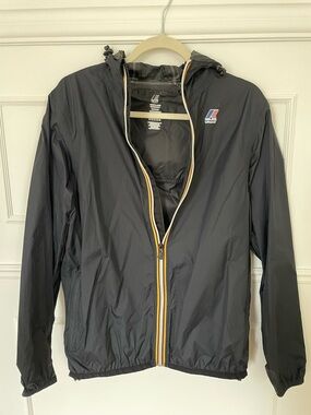 K-Way Men's Black Hooded Raincoat with Yellow Trim
